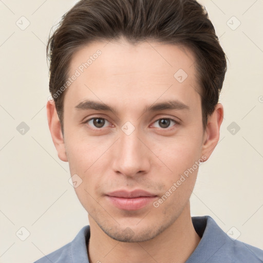 Neutral white young-adult male with short  brown hair and brown eyes