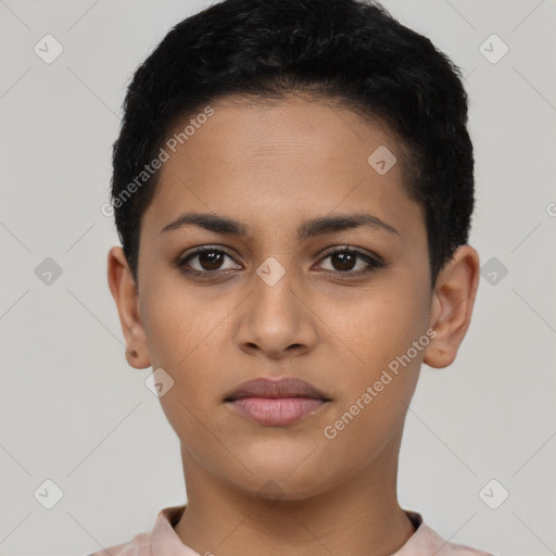 Joyful latino young-adult female with short  black hair and brown eyes