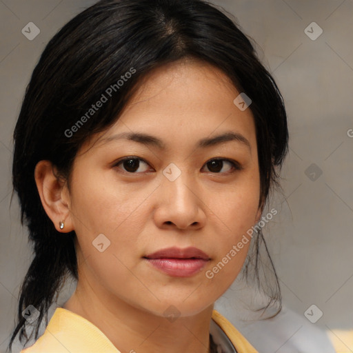 Neutral asian young-adult female with medium  brown hair and brown eyes