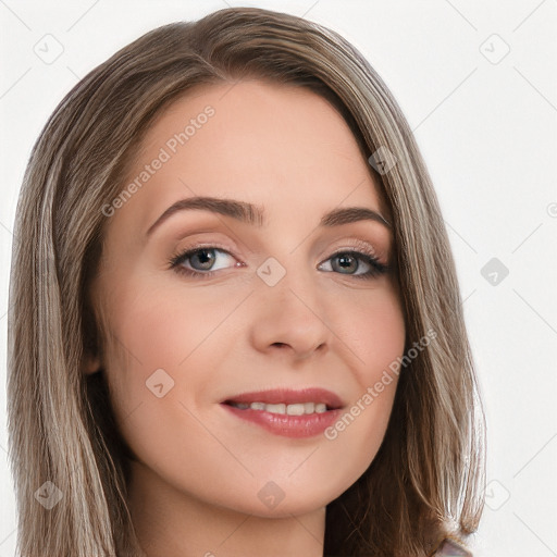 Joyful white young-adult female with long  brown hair and grey eyes