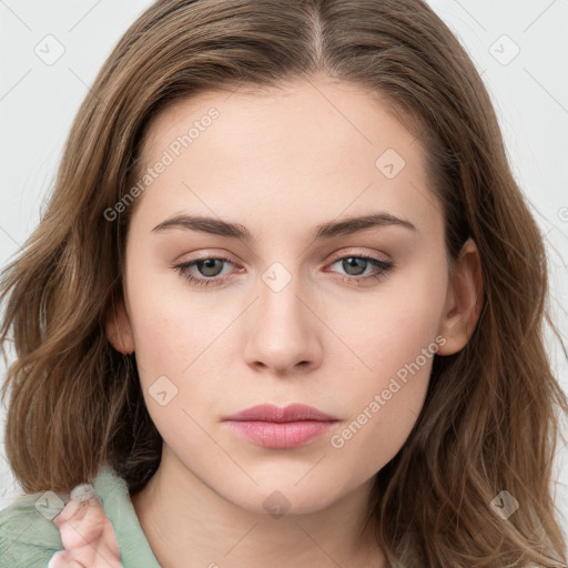 Neutral white young-adult female with long  brown hair and grey eyes