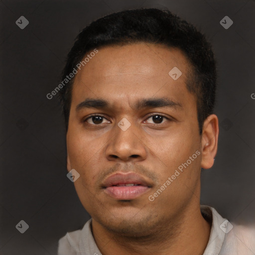 Neutral latino young-adult male with short  black hair and brown eyes