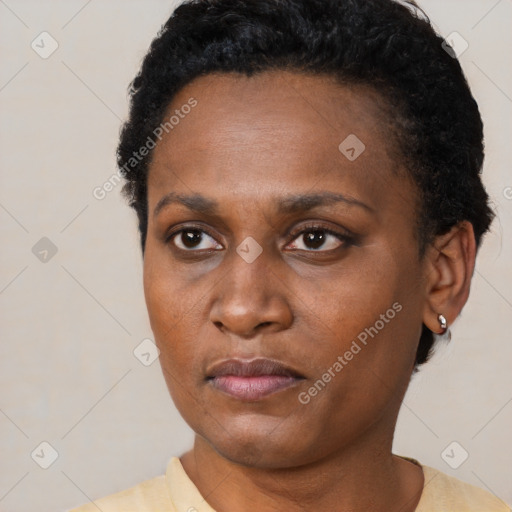 Neutral black adult female with short  black hair and brown eyes