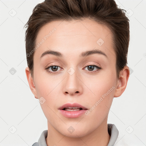 Neutral white young-adult female with short  brown hair and brown eyes