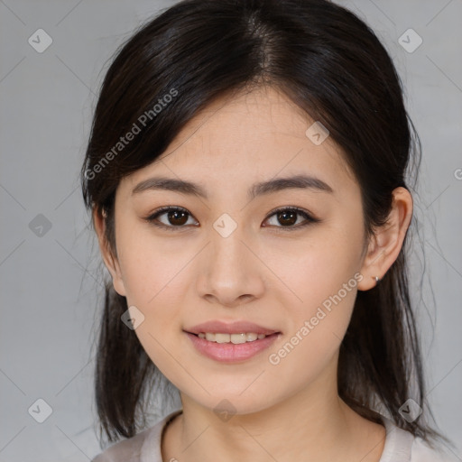 Joyful white young-adult female with medium  brown hair and brown eyes