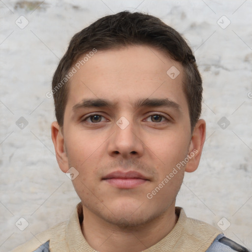 Neutral white young-adult male with short  brown hair and brown eyes