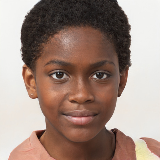 Joyful black child female with short  brown hair and brown eyes