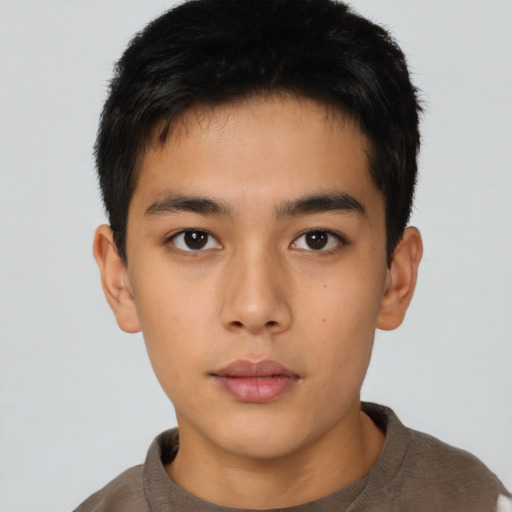Neutral asian young-adult male with short  brown hair and brown eyes