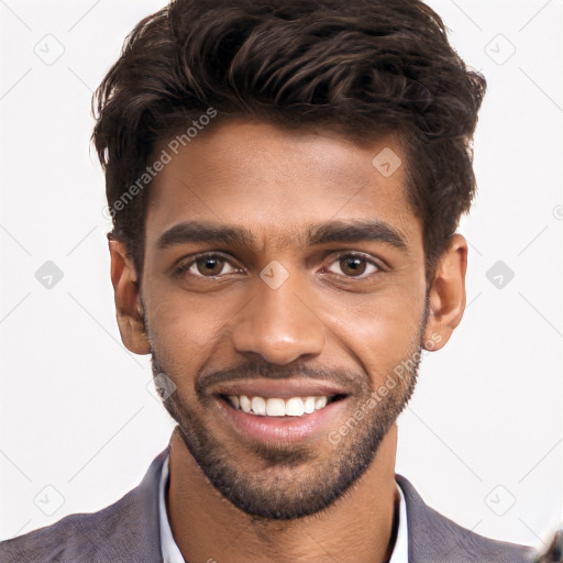 Joyful white young-adult male with short  black hair and brown eyes