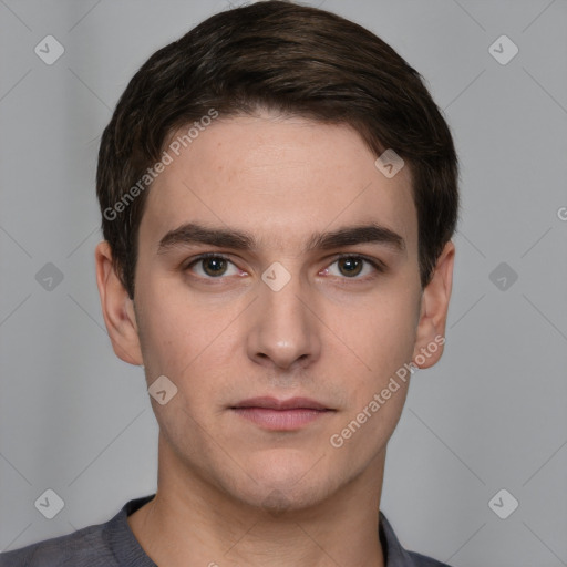 Neutral white young-adult male with short  brown hair and brown eyes