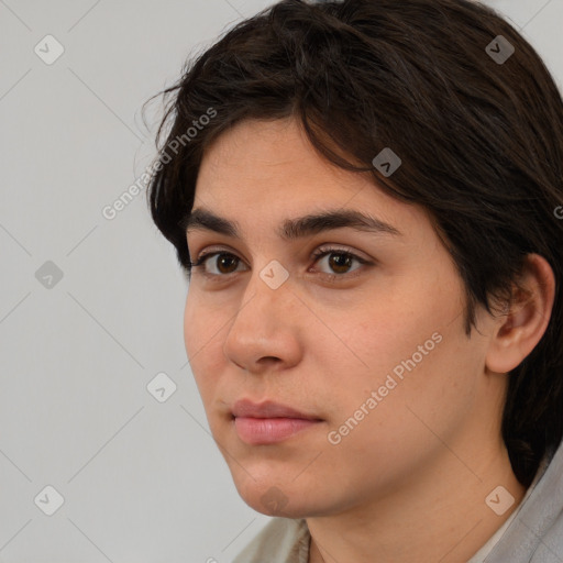 Neutral white young-adult female with short  brown hair and brown eyes