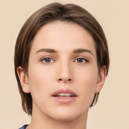 Neutral white young-adult female with short  brown hair and brown eyes