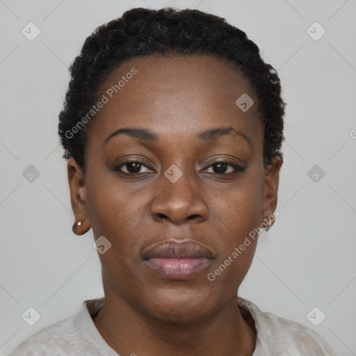 Neutral black young-adult female with short  black hair and brown eyes