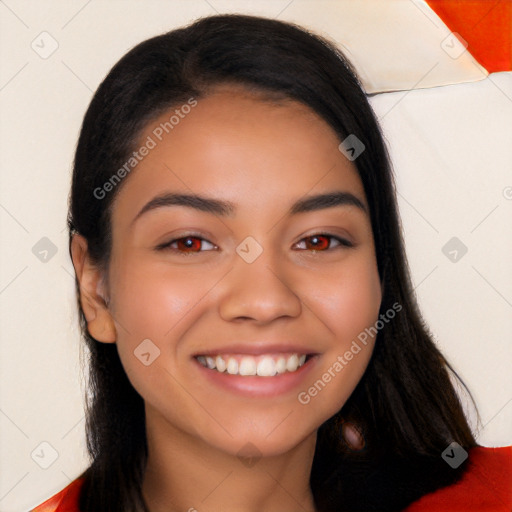 Joyful white young-adult female with long  black hair and brown eyes