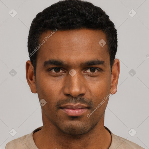 Neutral black young-adult male with short  black hair and brown eyes