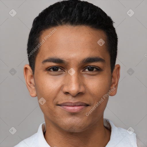 Joyful latino young-adult male with short  black hair and brown eyes