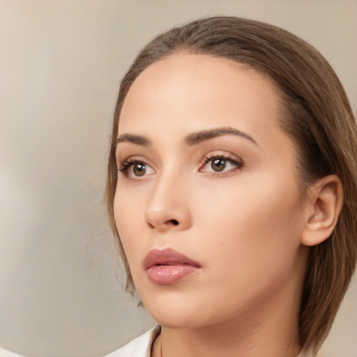 Neutral white young-adult female with medium  brown hair and brown eyes