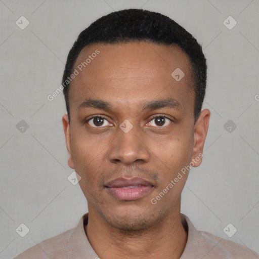 Neutral latino young-adult male with short  black hair and brown eyes