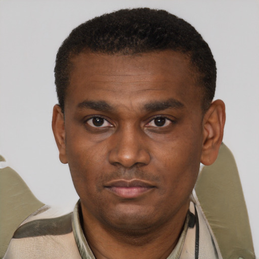 Neutral black young-adult male with short  black hair and brown eyes