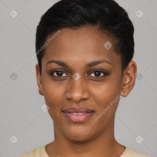 Joyful black young-adult female with short  black hair and brown eyes