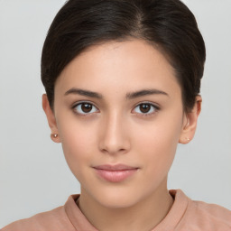 Neutral white young-adult female with short  brown hair and brown eyes