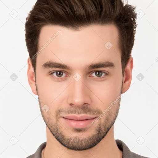 Neutral white young-adult male with short  brown hair and brown eyes