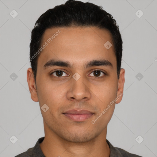 Neutral latino young-adult male with short  black hair and brown eyes