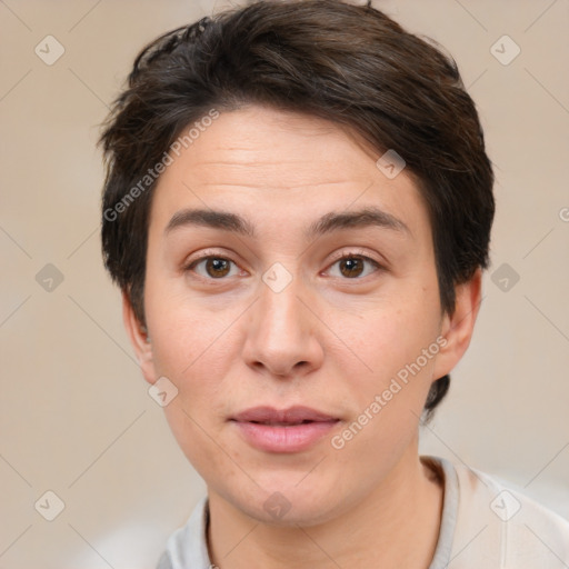 Neutral white young-adult female with short  brown hair and brown eyes