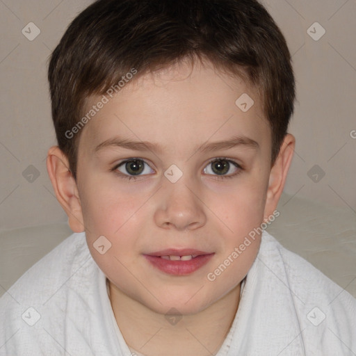 Joyful white child female with short  brown hair and brown eyes