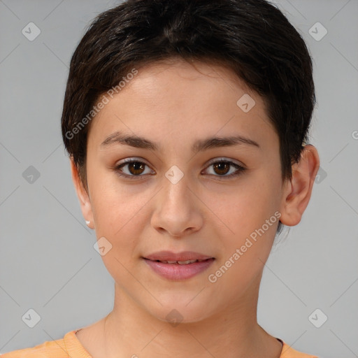 Joyful white young-adult female with short  brown hair and brown eyes