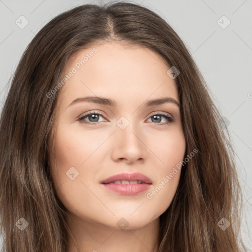 Neutral white young-adult female with long  brown hair and brown eyes