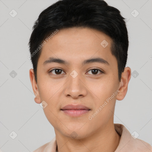 Joyful asian young-adult male with short  black hair and brown eyes