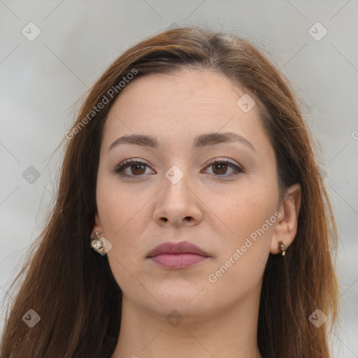 Neutral white young-adult female with long  brown hair and brown eyes