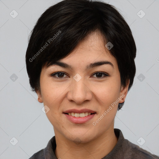 Joyful white young-adult female with short  black hair and brown eyes