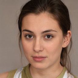 Neutral white young-adult female with medium  brown hair and brown eyes