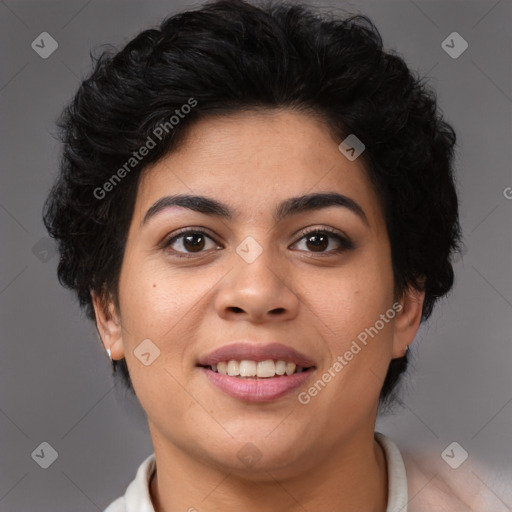 Joyful latino young-adult female with short  brown hair and brown eyes