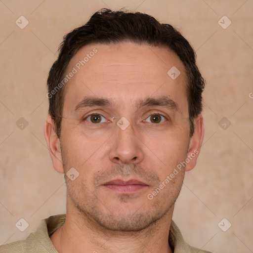 Neutral white adult male with short  brown hair and brown eyes