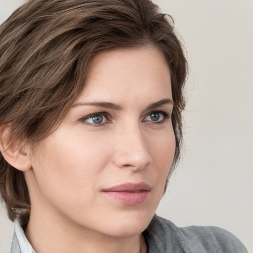 Neutral white young-adult female with medium  brown hair and grey eyes