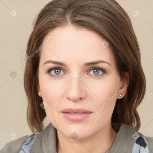 Neutral white young-adult female with medium  brown hair and grey eyes