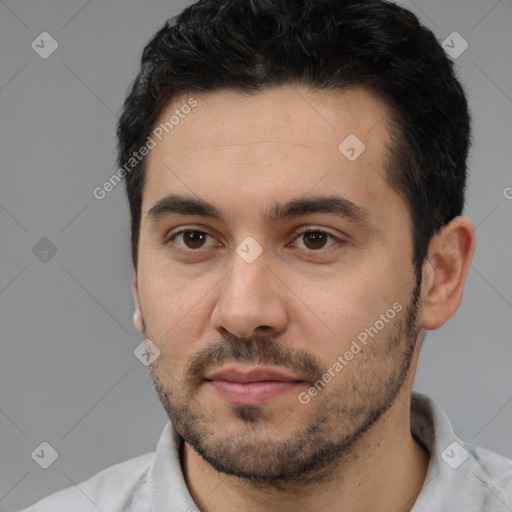 Neutral white young-adult male with short  black hair and brown eyes