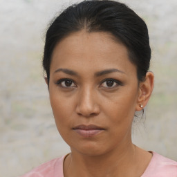 Neutral asian young-adult female with short  brown hair and brown eyes