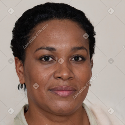 Joyful black adult female with short  brown hair and brown eyes