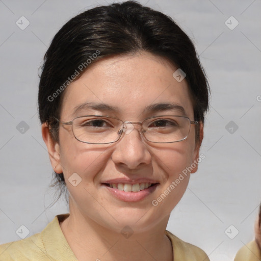 Joyful white adult female with short  brown hair and brown eyes