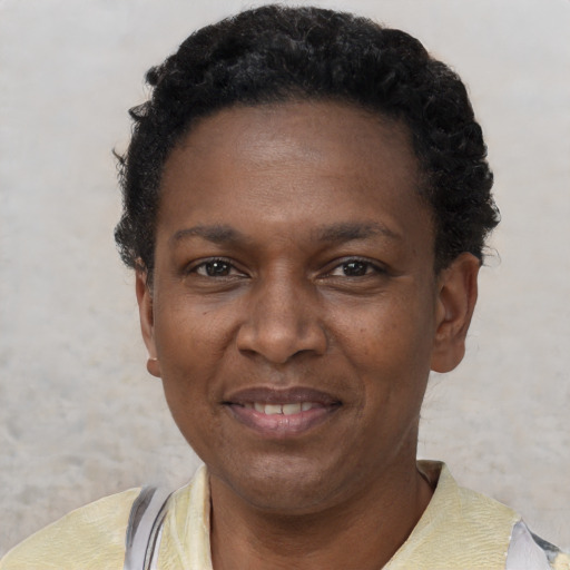 Joyful black adult female with short  black hair and brown eyes