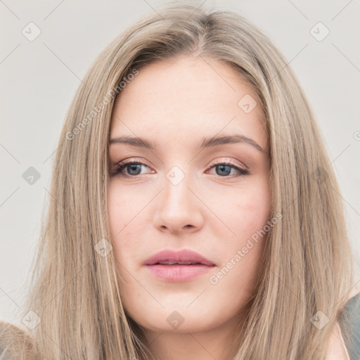 Neutral white young-adult female with long  brown hair and grey eyes