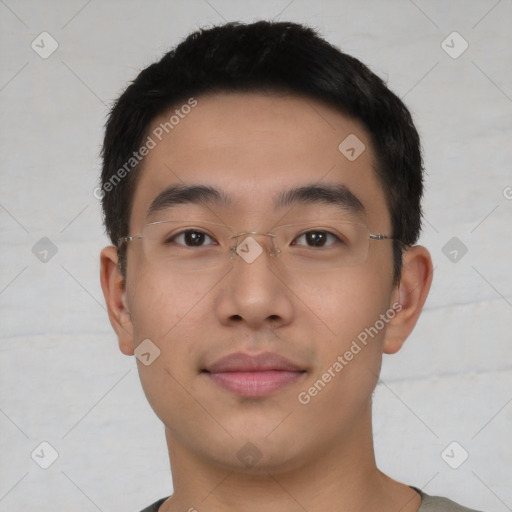 Neutral asian young-adult male with short  brown hair and brown eyes