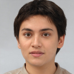 Neutral white young-adult female with short  brown hair and brown eyes