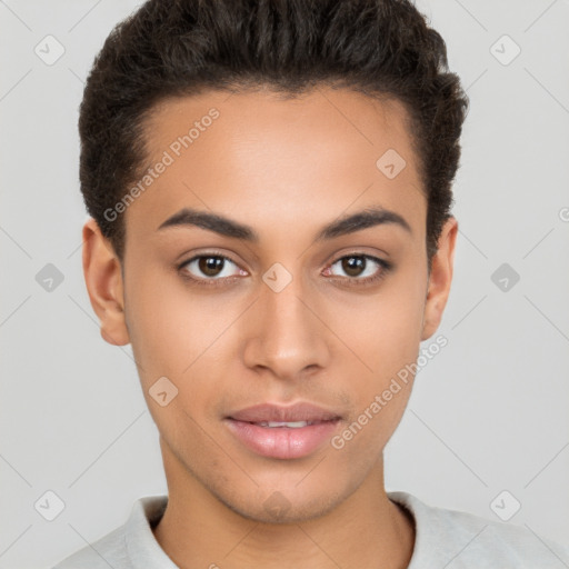 Joyful latino young-adult female with short  brown hair and brown eyes