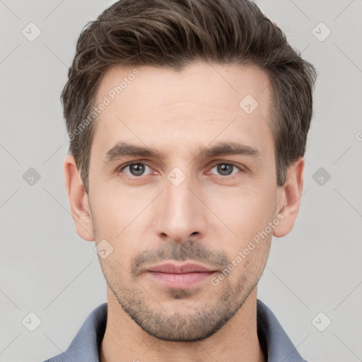 Neutral white young-adult male with short  brown hair and grey eyes