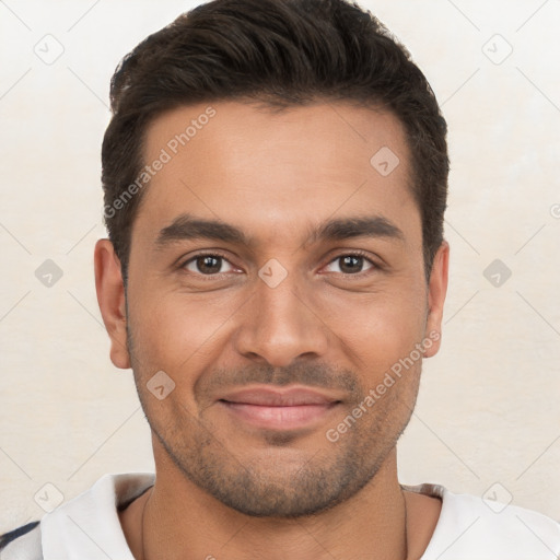 Joyful white young-adult male with short  brown hair and brown eyes